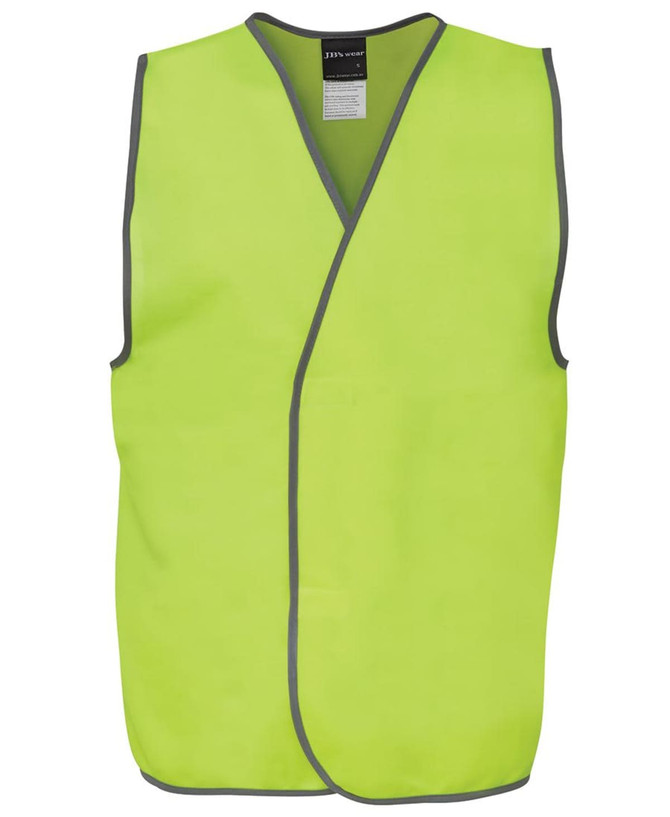 A high-visibility safety vest in bright yellow-green with grey trim and no sleeves, featuring a logo.