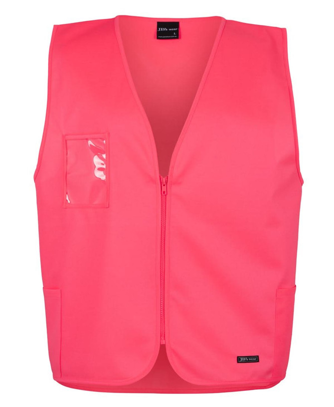 A bright pink safety vest with a front zipper, featuring pockets and a clear identification holder.