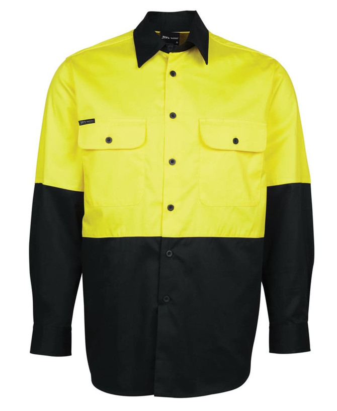 A work shirt featuring a high-visibility yellow upper half and a black lower half, with two front pockets and a logo.