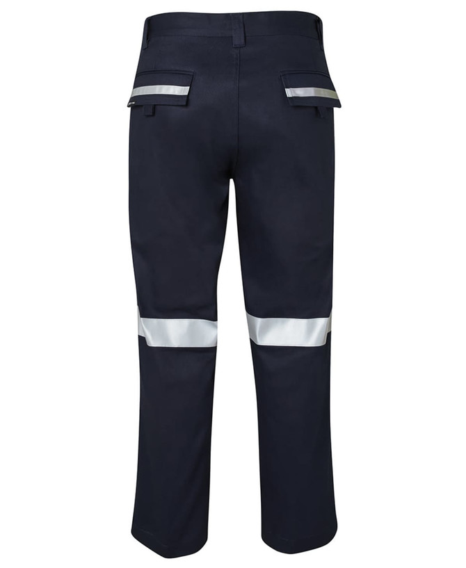 Navy work trousers featuring reflective tape on the legs and pockets, with a logo on the back.