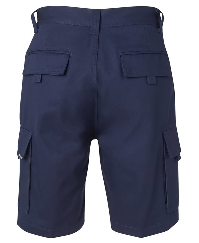 Navy cargo shorts featuring multiple side and back pockets, with a clean, streamlined design. Includes a logo.