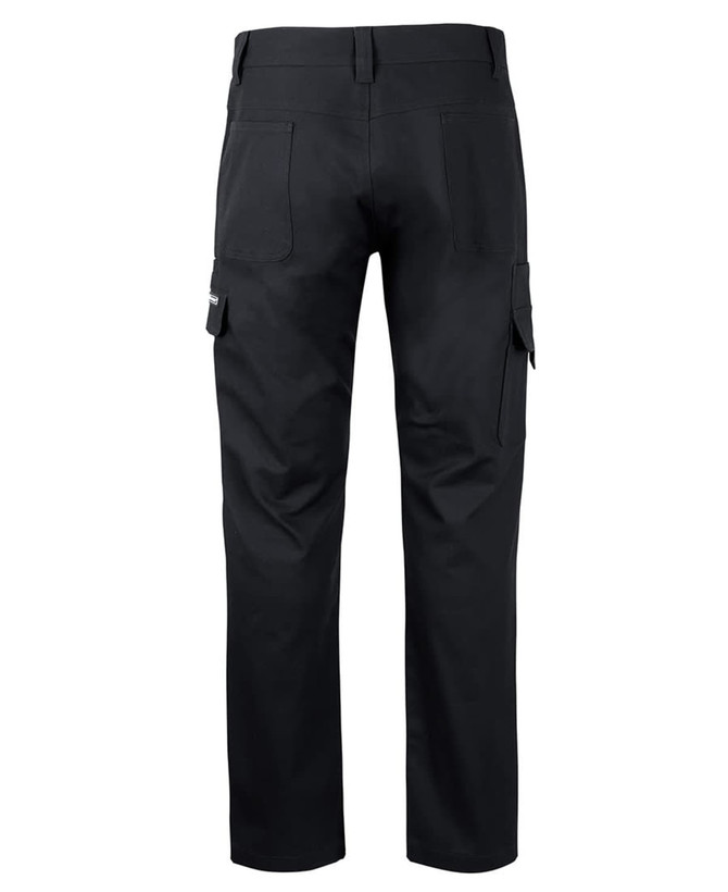 Black cargo pants featuring multiple pockets and a logo on the back. 
