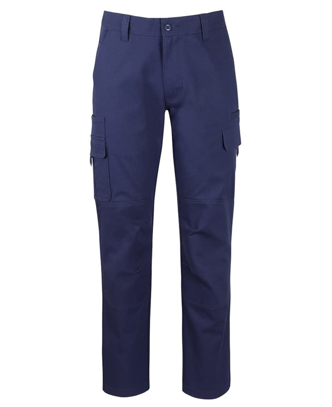 Navy blue cargo pants with multiple pockets and a fitted design, featuring a branding logo.