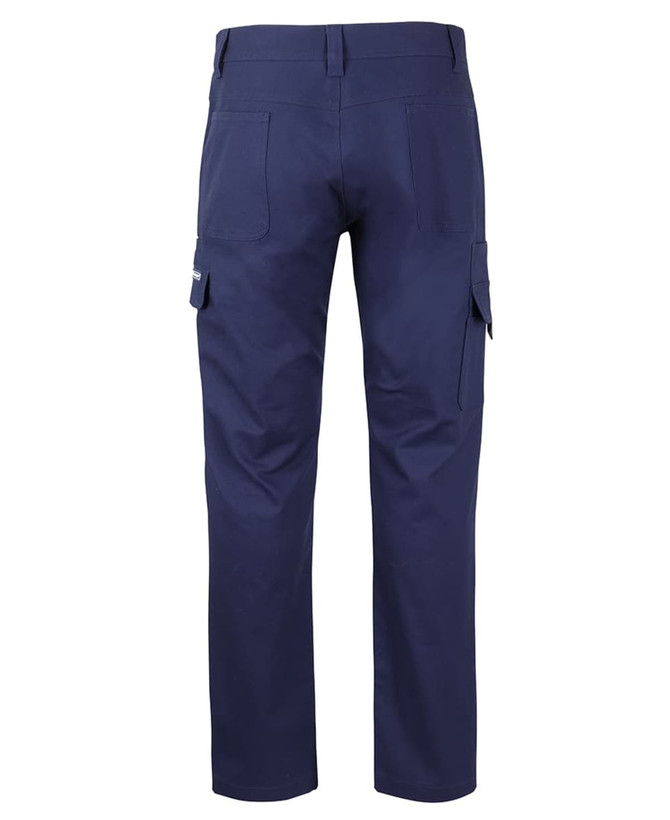 Navy cargo pants with multiple pockets and a brand logo, featuring a stretch canvas fabric.