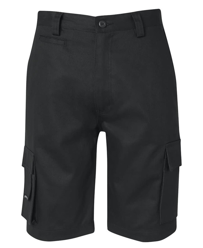 Black cargo shorts featuring multiple pockets and a branded logo. Suitable for casual or functional wear.