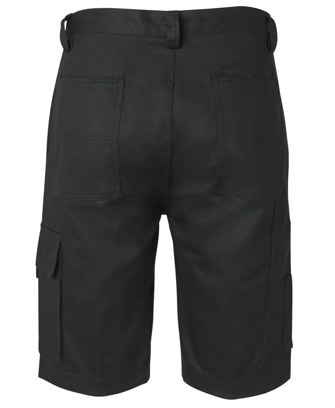Black cargo shorts featuring multiple pockets and a sturdy design, with a logo. Back view displayed.