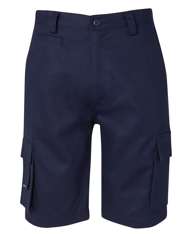 Navy cargo shorts featuring multiple pockets and a branded logo. Design includes a button and zip closure.