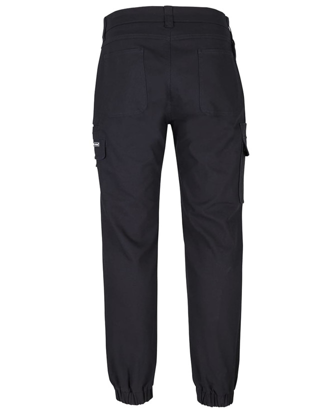 A pair of black jogger cargo pants with multiple pockets and elasticised cuffs, featuring a branded logo.