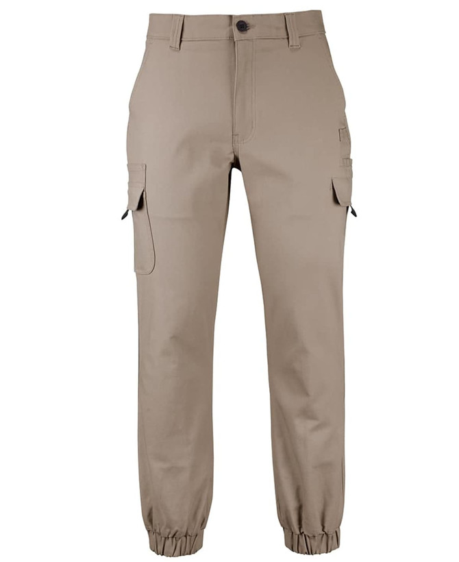 A pair of beige jogger cargo pants with multiple pockets and elastic cuffs. Features branding on the fabric.