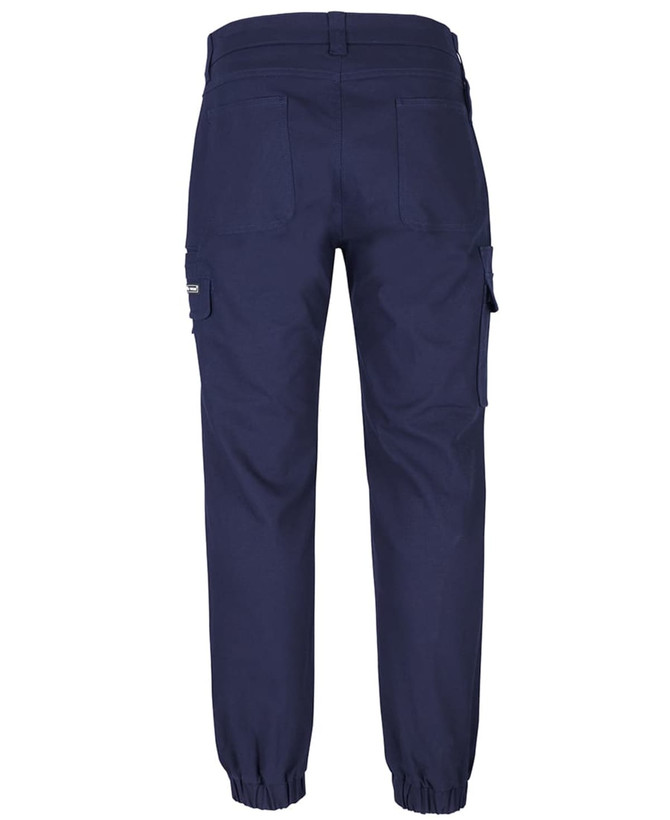 A pair of navy blue stretch canvas jogger pants featuring multiple pockets and an elasticised cuff design.