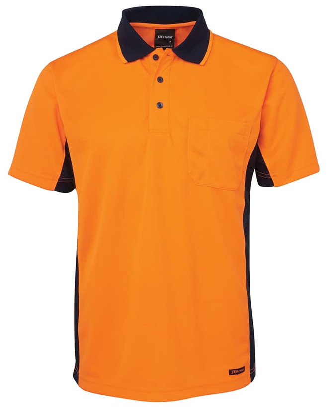 An orange and navy polo shirt, featuring a collar, buttons, and a pocket on the front. It has a logo.