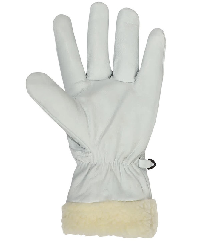 A light grey glove with a cream shearling cuff, featuring a fitted wrist. It has a branding logo.