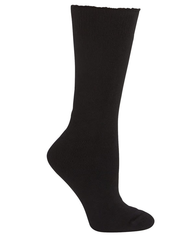 A black bamboo work sock featuring a ribbed design and a smooth finish. The sock has a logo on it.