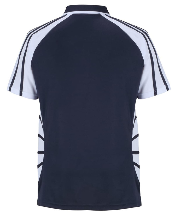 A navy and white polo shirt featuring a contrasting design and a logo on the back.