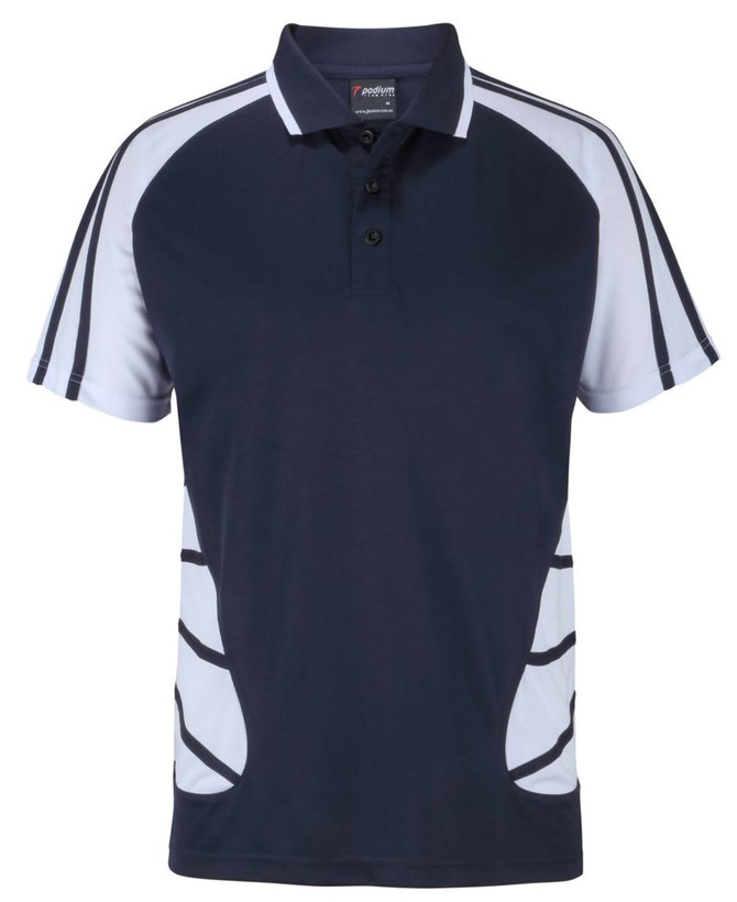A navy blue polo shirt with white accents and a logo. Features a classic collar and button placket.