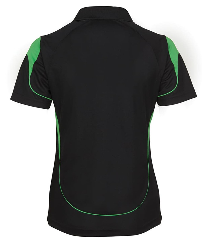 A black polo shirt with green accents, featuring a collar and a logo. Back view displayed.