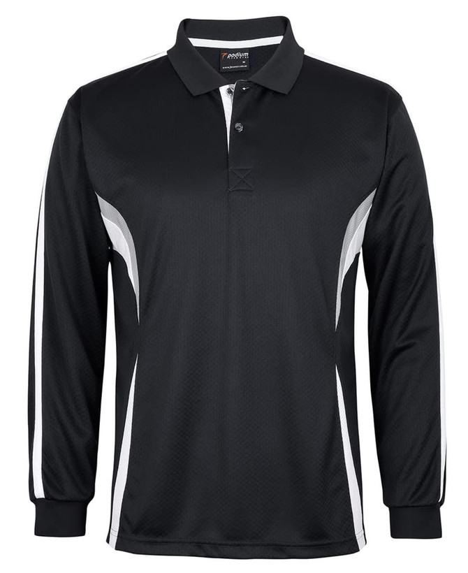 A black long-sleeve polo shirt with white accents and a logo on the chest.