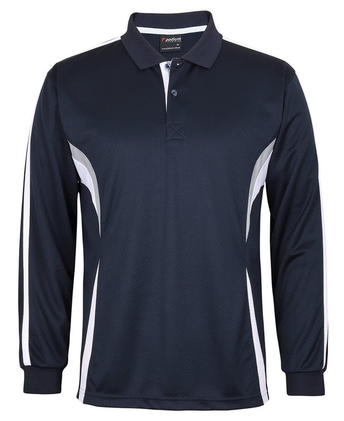 A navy long-sleeve polo shirt featuring white accent stripes and a branding logo on the chest.