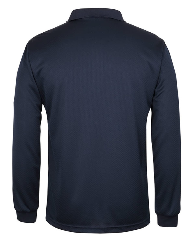 A long-sleeve navy polo shirt featuring a collar and a subtle textured pattern. It has a logo on the chest.