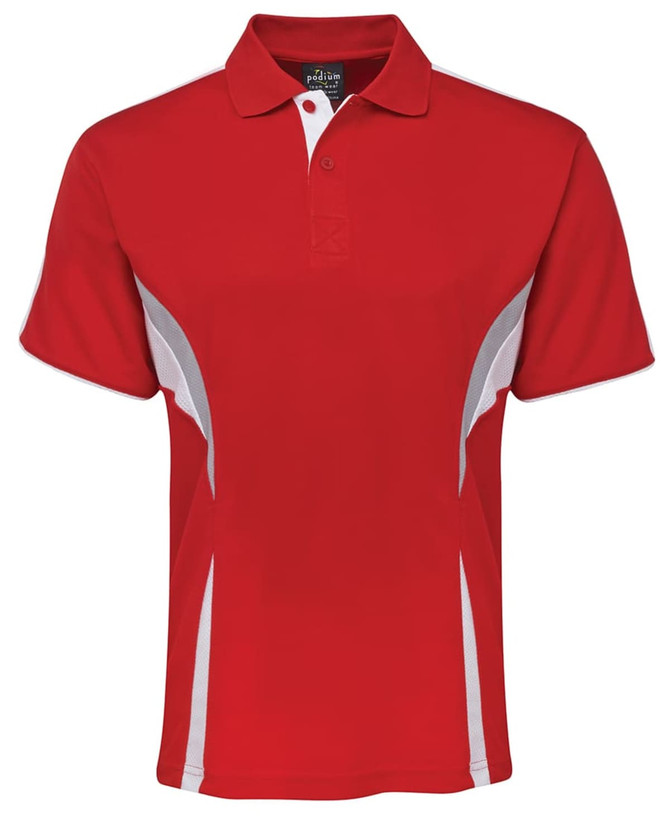 A red polo shirt with white side panels and a collar. Features a logo on the upper back.