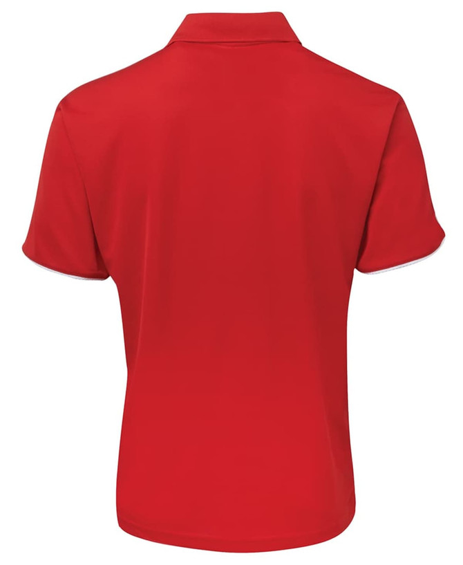 A red polo shirt featuring a collar and short sleeves, with a logo on the back.