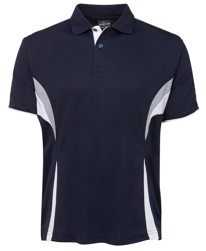 A dark navy polo shirt with white accents and a logo, featuring a classic collar and short sleeves.