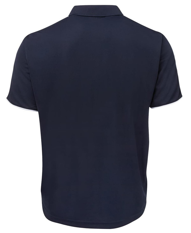 A navy polo shirt with a collared neck and short sleeves, featuring a subtle logo on the side.