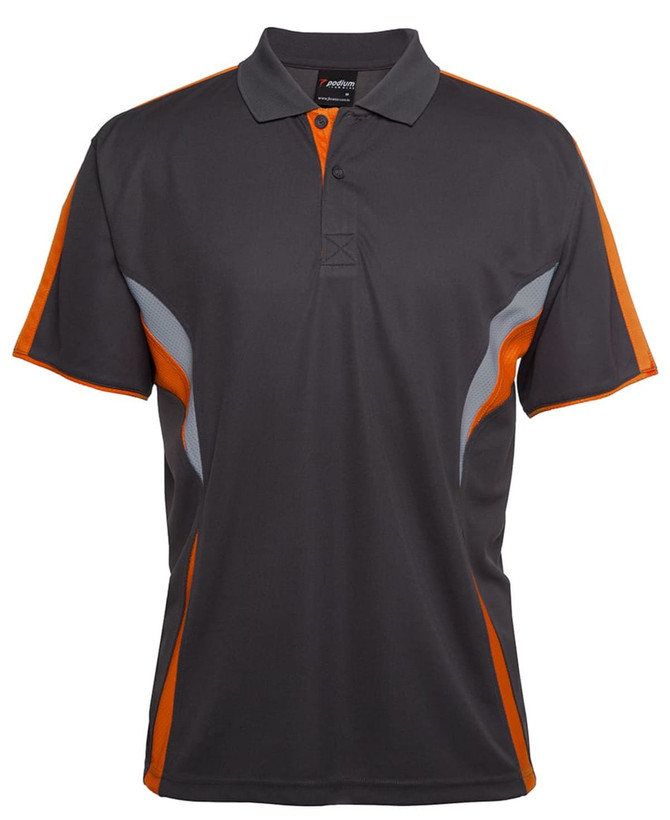 A dark grey polo shirt with orange accents and mesh detail, featuring a collar and buttons, and a logo on it.
