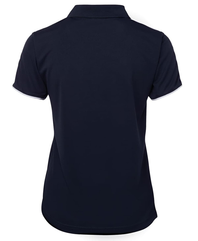 A navy polo shirt with a collar and short sleeves, featuring a logo on the back.