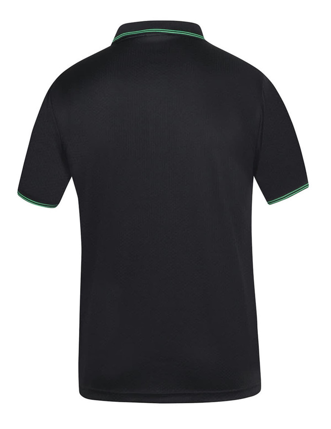 A black polo shirt with a contrasting green collar and sleeves, featuring a logo on the back.
