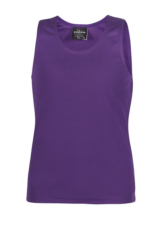 A purple sleeveless singlet featuring a solid design and a small logo at the neckline.