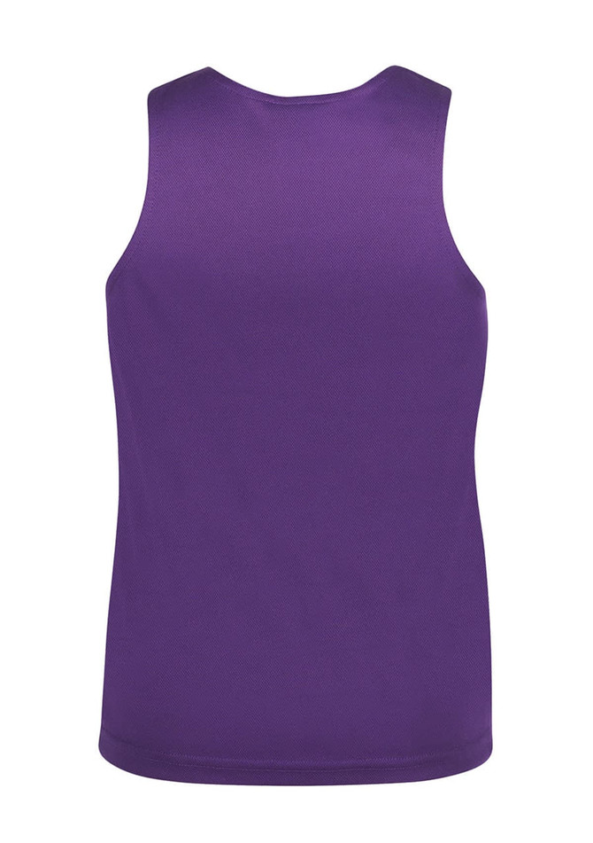 A purple sleeveless singlet with a plain design and a branding logo on the back.