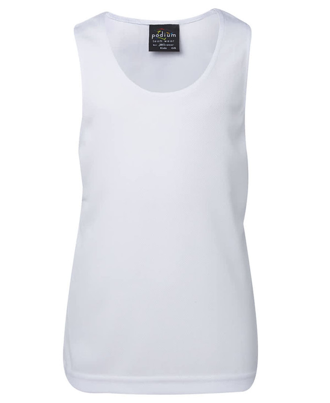A black kids' poly singlet with a round neckline and a logo on the label. Suitable for active wear.