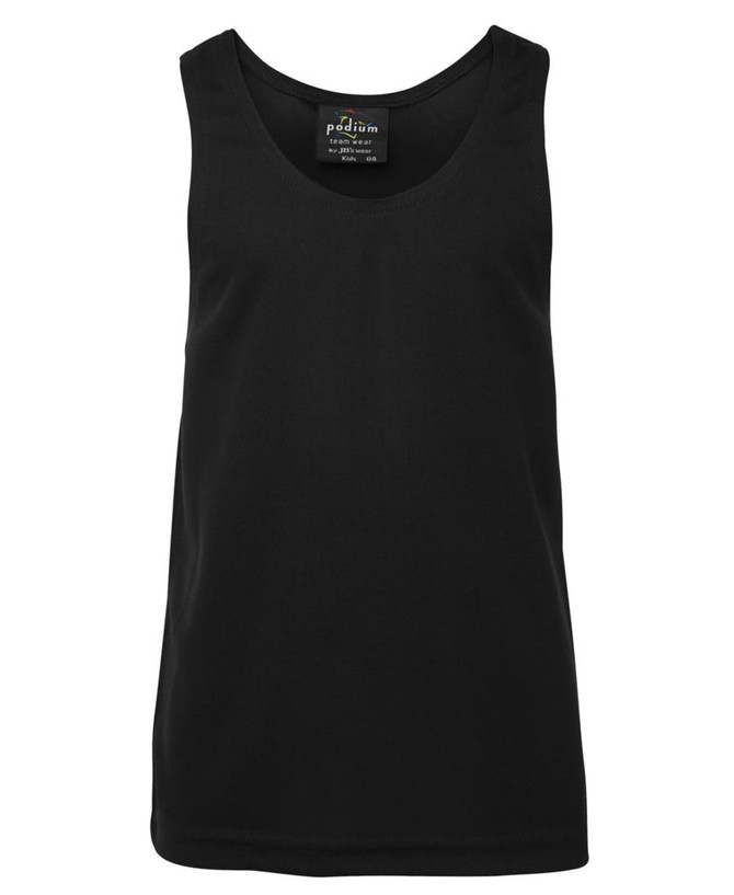 A black singlet with a sleeveless design, featuring a label and a smooth fabric texture.