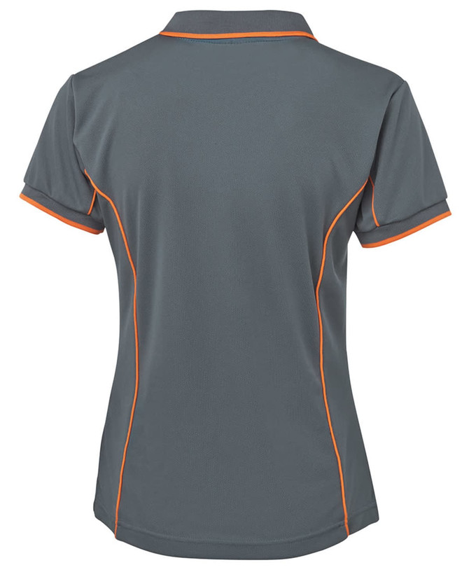 A grey polo shirt with orange piping, featuring a logo on the back. Short sleeves and a classic collar design.