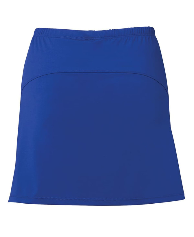 A blue skort with a stretchy waistband and a smooth finish, featuring a subtle logo.