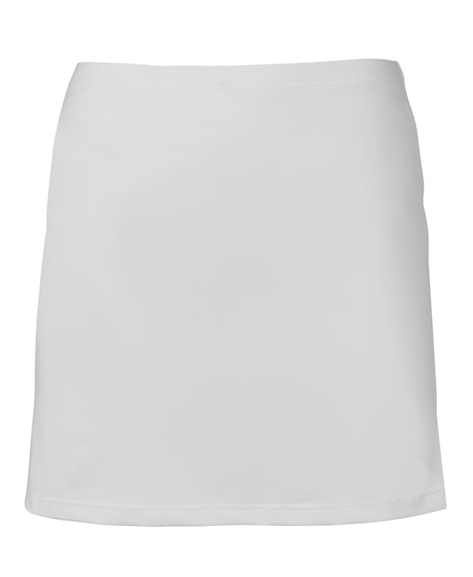 A light grey skort with a smooth finish, featuring a logo on the waistband.