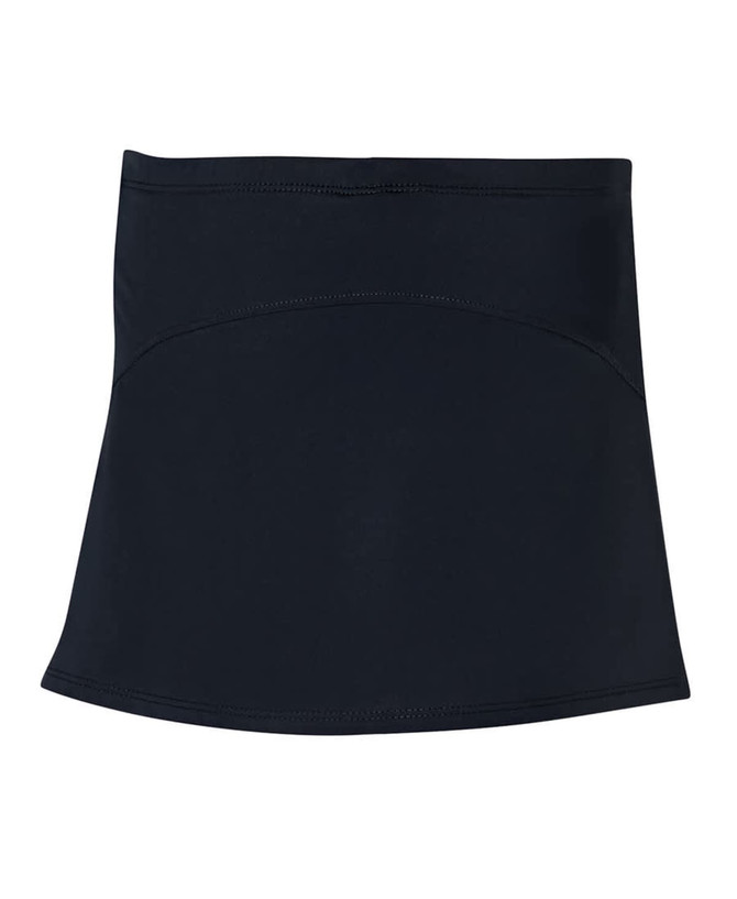 A black skort featuring a smooth design and a branding logo on the waistband. Ideal for active wear.