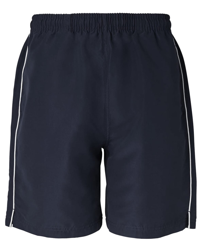 Dress shorts in navy with white piping, featuring an elastic waistband and a simple logo.