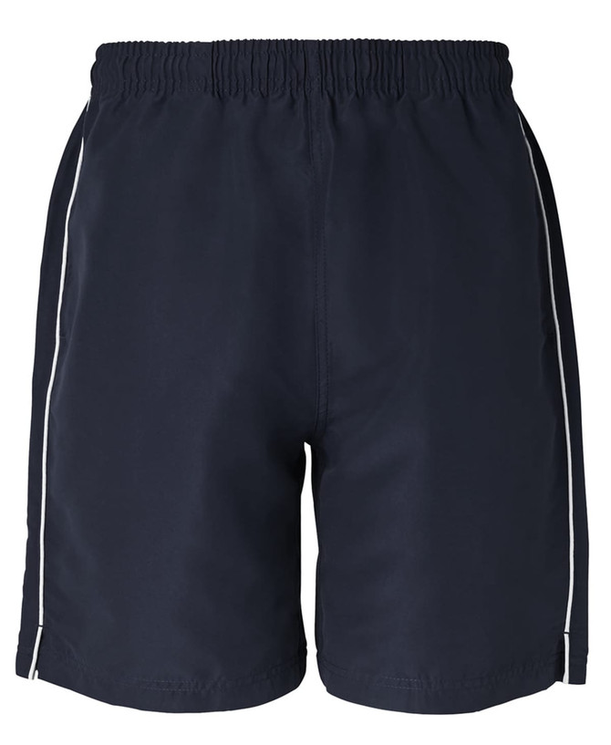 A pair of navy shorts with white side piping, featuring an elastic waistband and no visible logos.