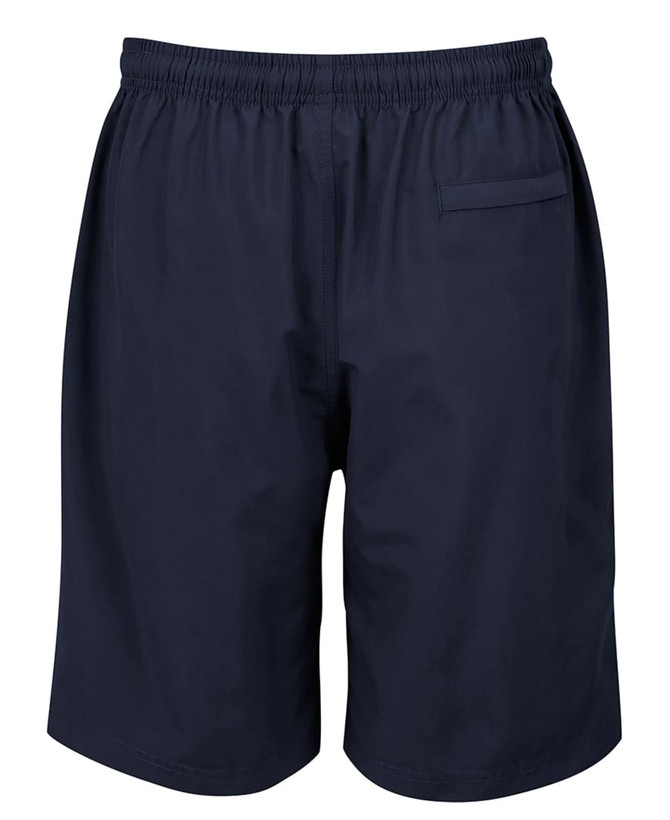 Dark navy sports shorts with an elastic waistband and a small back pocket. Features a logo.