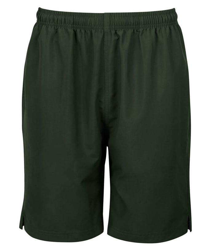 Dark green sports shorts with an elastic waistband and side slits at the hem. Features a logo.