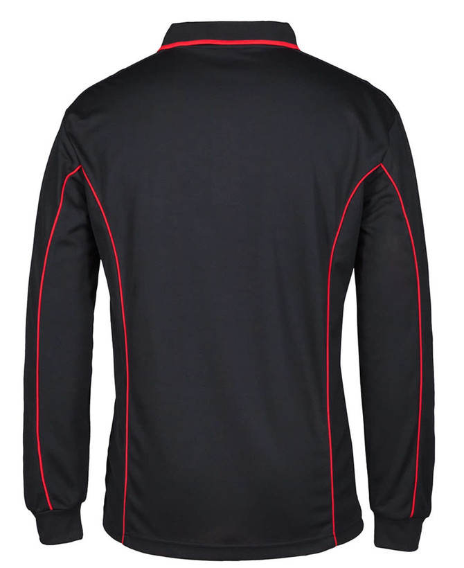 A black long-sleeve polo shirt with red piping and a logo on the back.