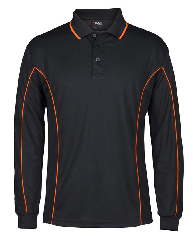A black long-sleeve polo shirt with orange piping and a logo on the chest. Perfect for casual wear.