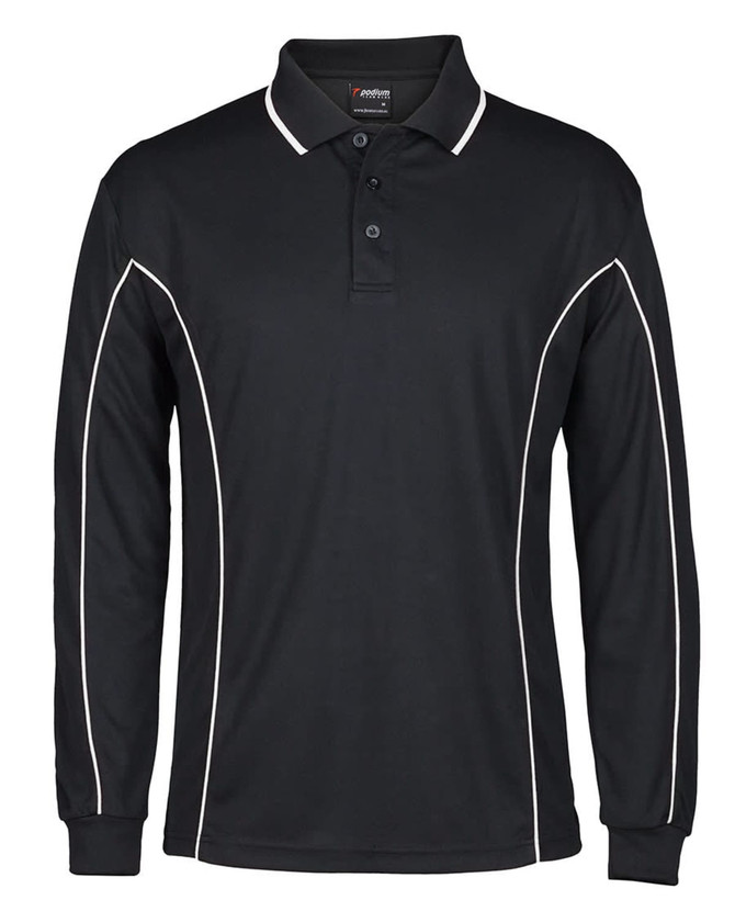 A black long-sleeve polo shirt featuring white piping and a collar, with a logo on the upper front.