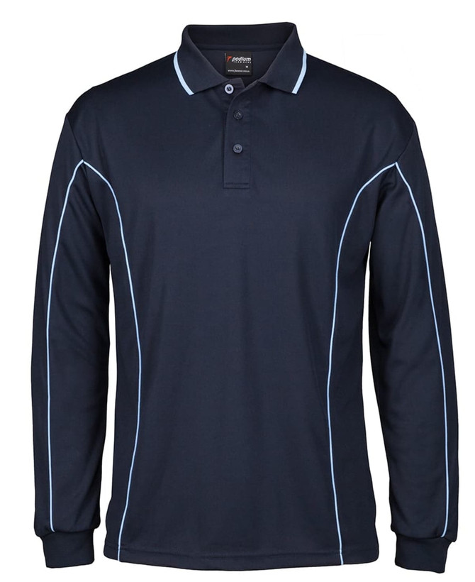A long-sleeved navy polo shirt featuring piping details in light blue and a logo on the chest.