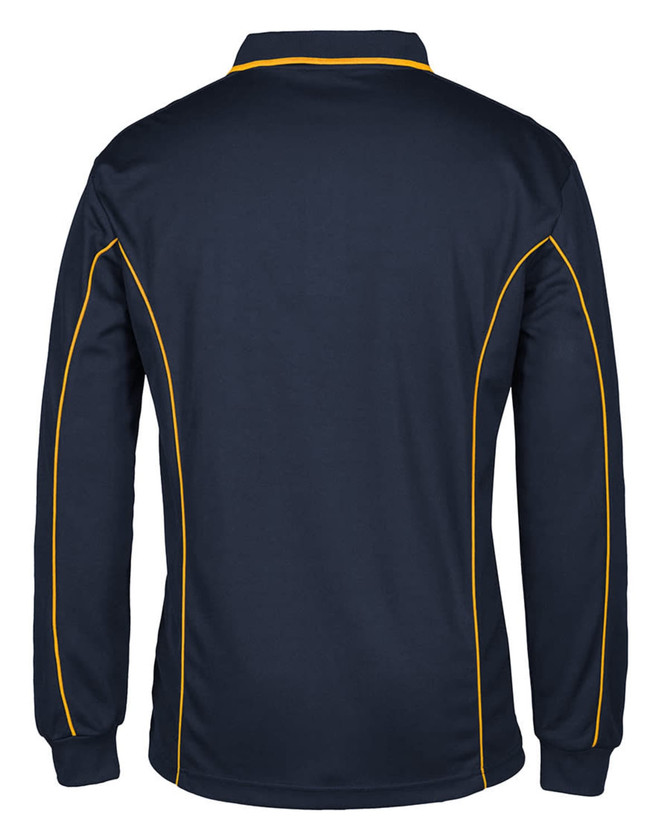 A navy long-sleeved polo shirt with contrasting yellow piping details and a logo.