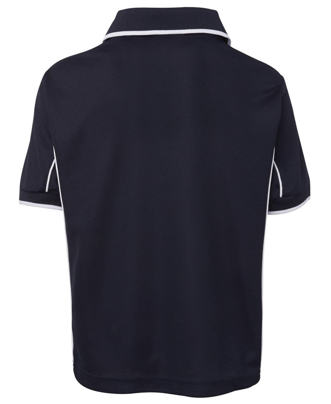 A navy polo shirt with white piping, featuring a collared neck and short sleeves, showing the back view.
