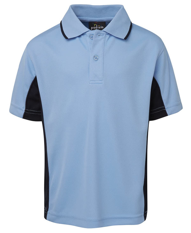 A light blue polo shirt with black side panels and a collar. It features a logo at the neckline.