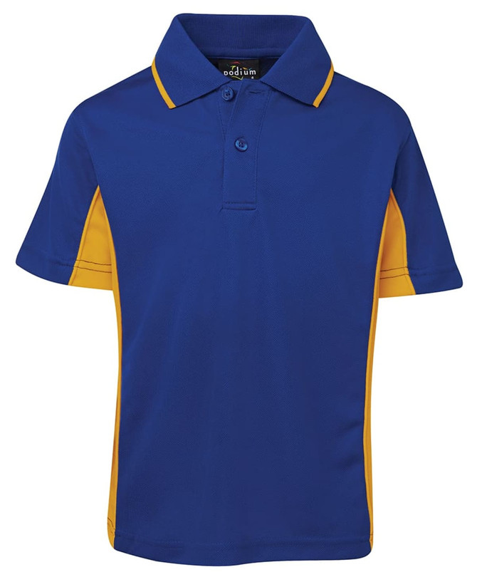 A blue and yellow polo shirt featuring a collar and short sleeves, with a logo on the label.